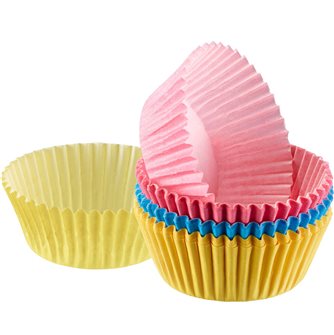 Pirottini di carta blu, rosa e gialli per muffin e cupcake